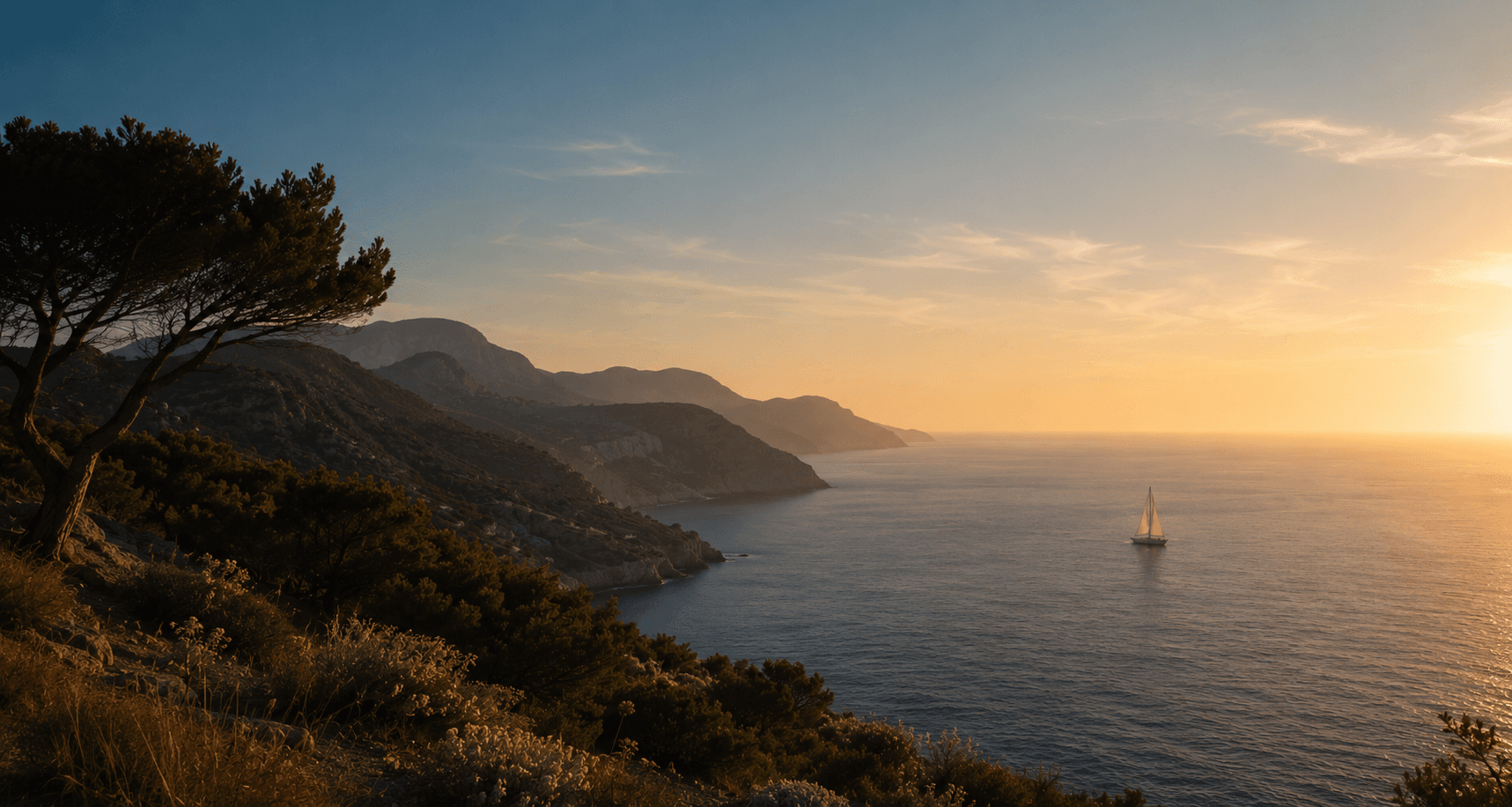 Costa mediterranea al tramonto con una vela all'orizzonte
